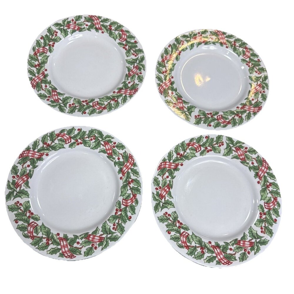 Vtg 4 Mervyns Majesticware Holiday Ribbon Salad Dessert Plates 6.5” Christmas